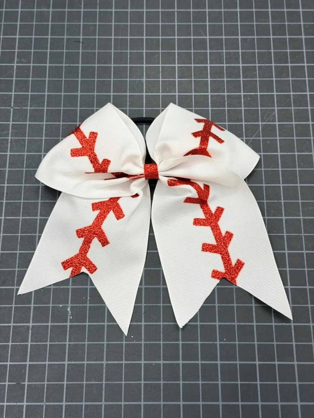 White Cheer Baseball Bow with Red Glitter Stitch Detail